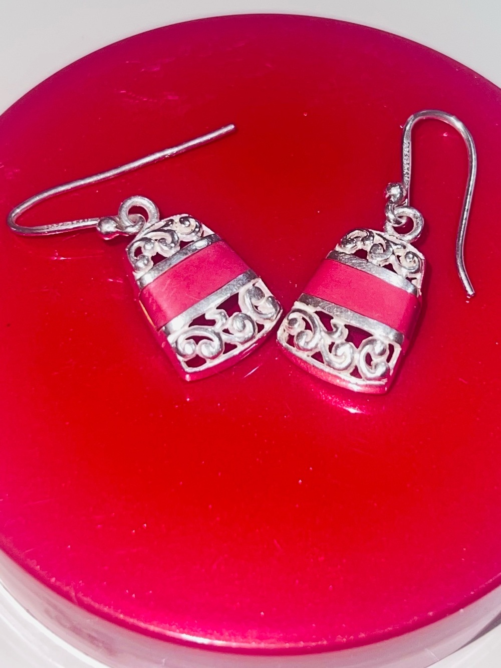 Artesian signed Sterling Silver Red Inlay Drop Earrings